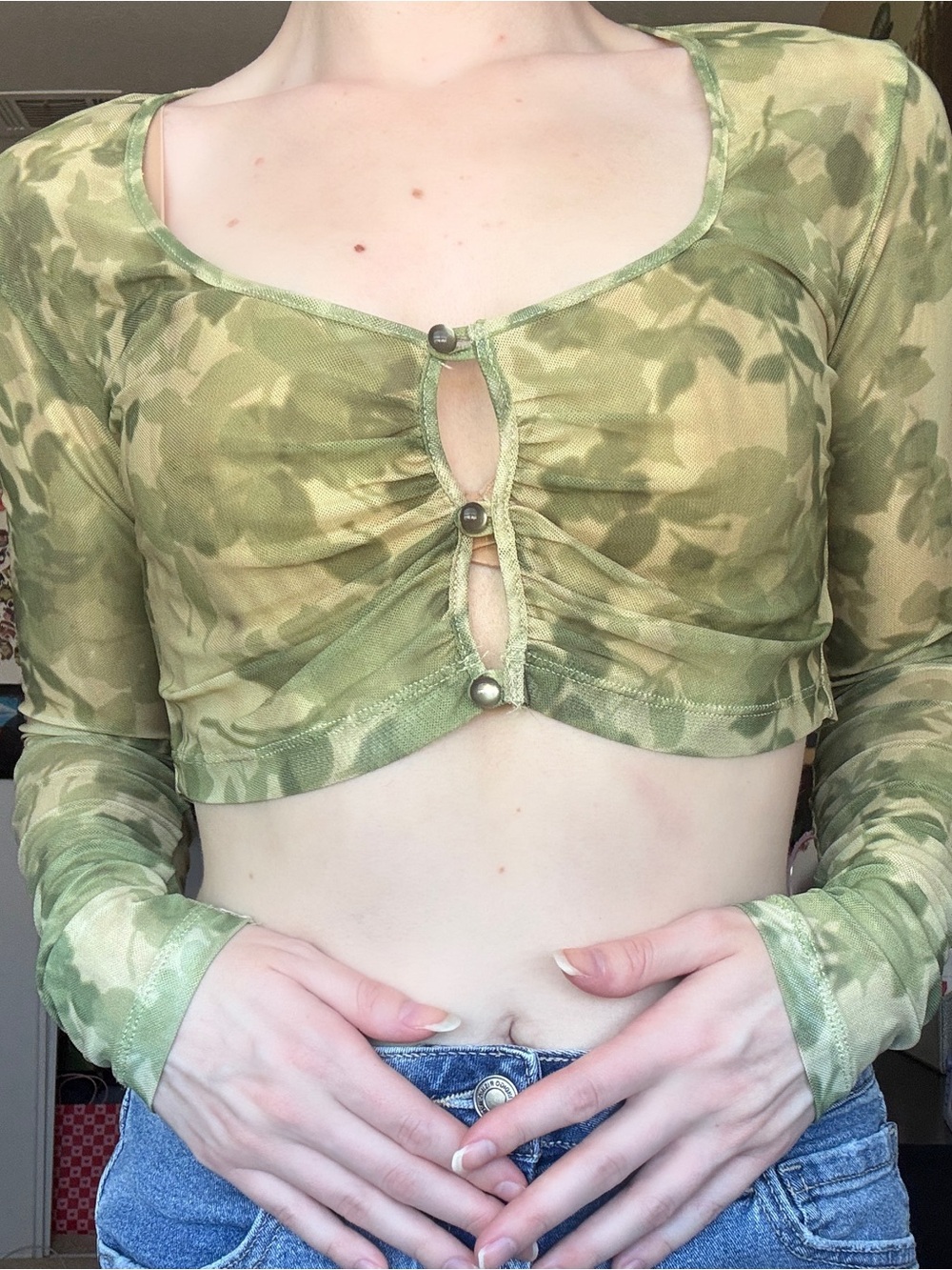 Motel Rocks Green Camouflage Ruched Long-Sleeve Crop Top with Button Detail